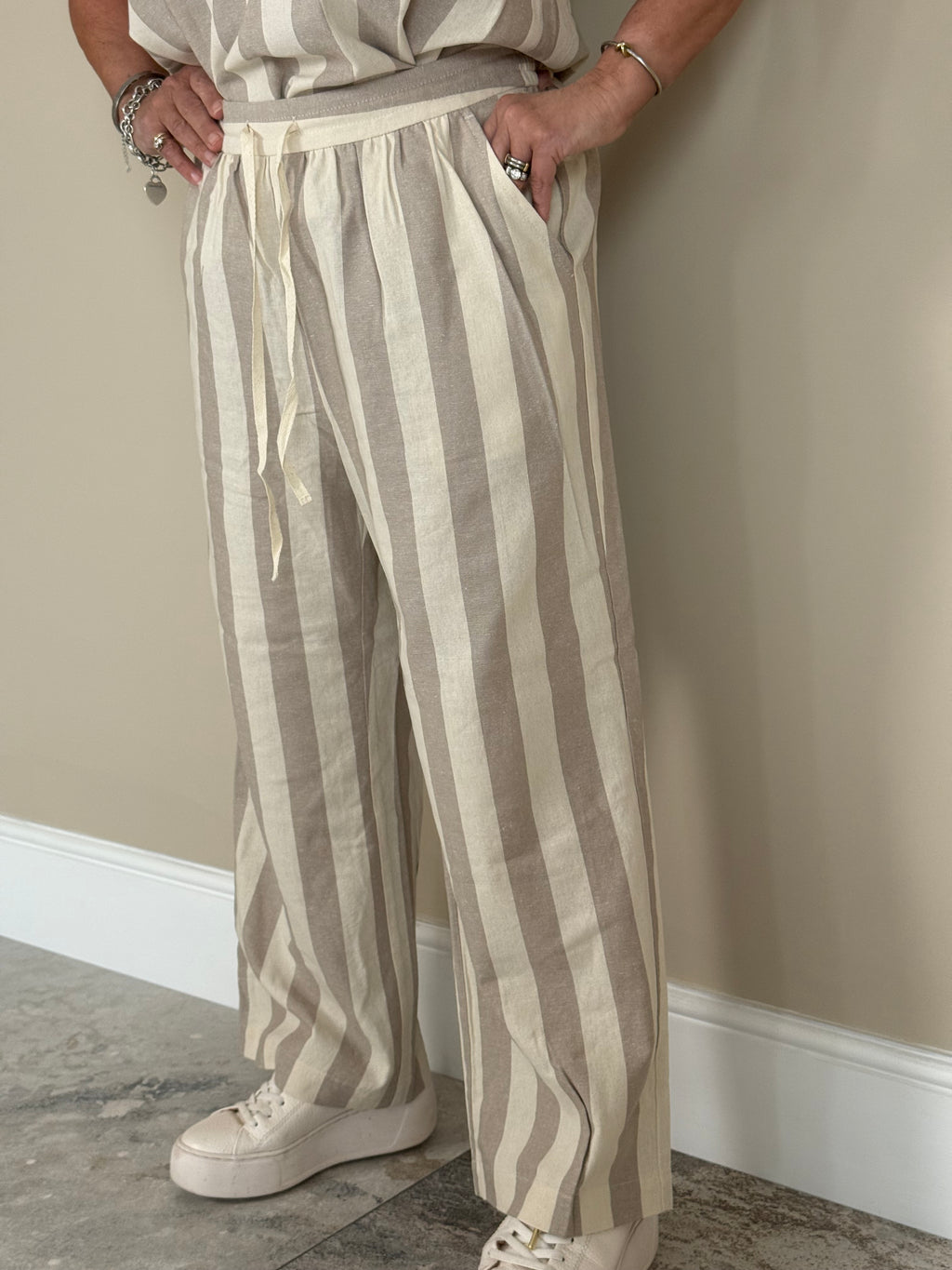 Beige Striped Wide Leg Trousers