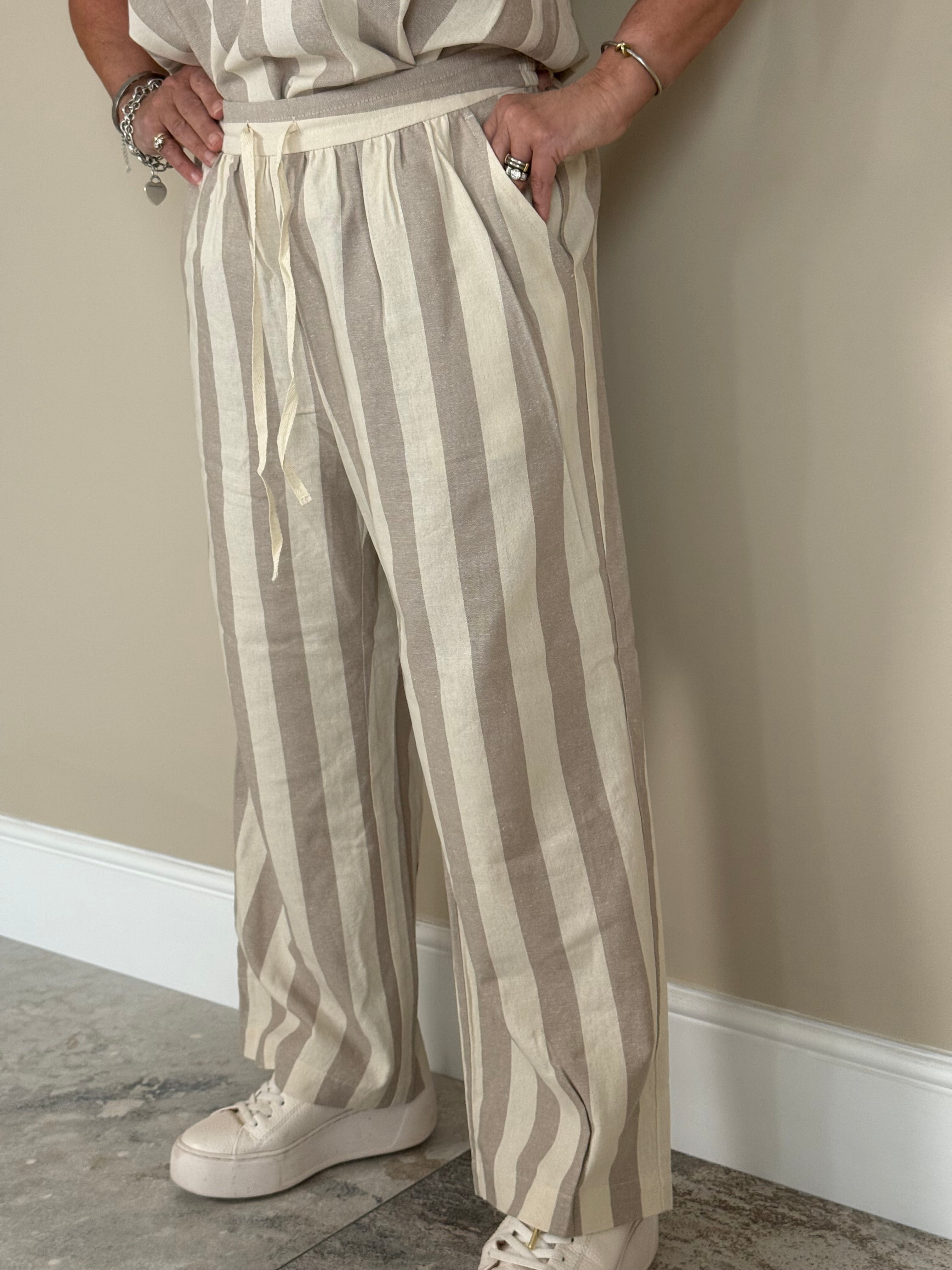 Beige Striped Wide Leg Trousers