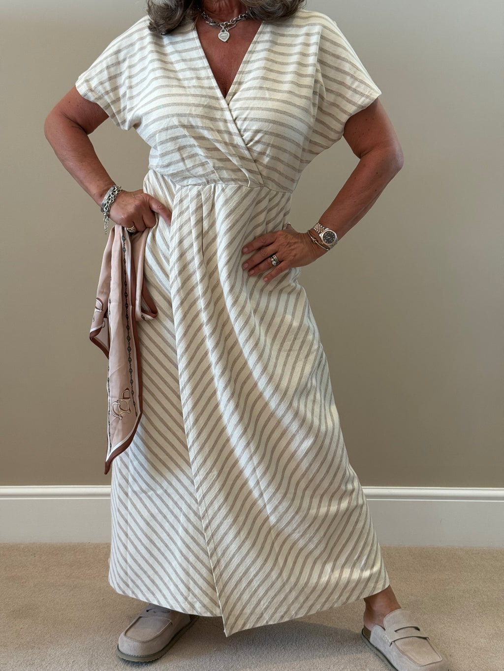 Beige Striped Maxi Dress