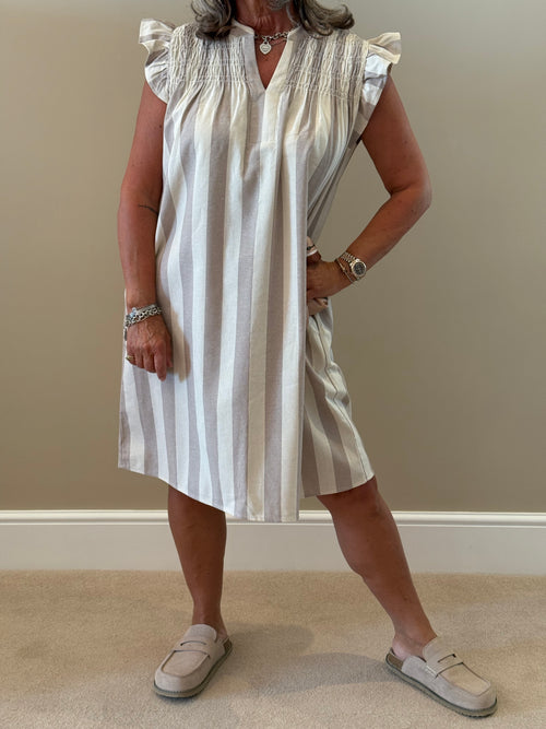 Beige Striped Midi Dress