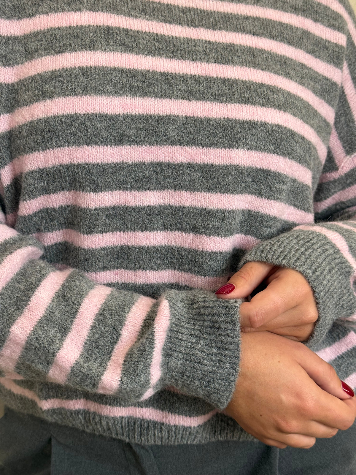 Pink & Grey Striped Knitted Jumper