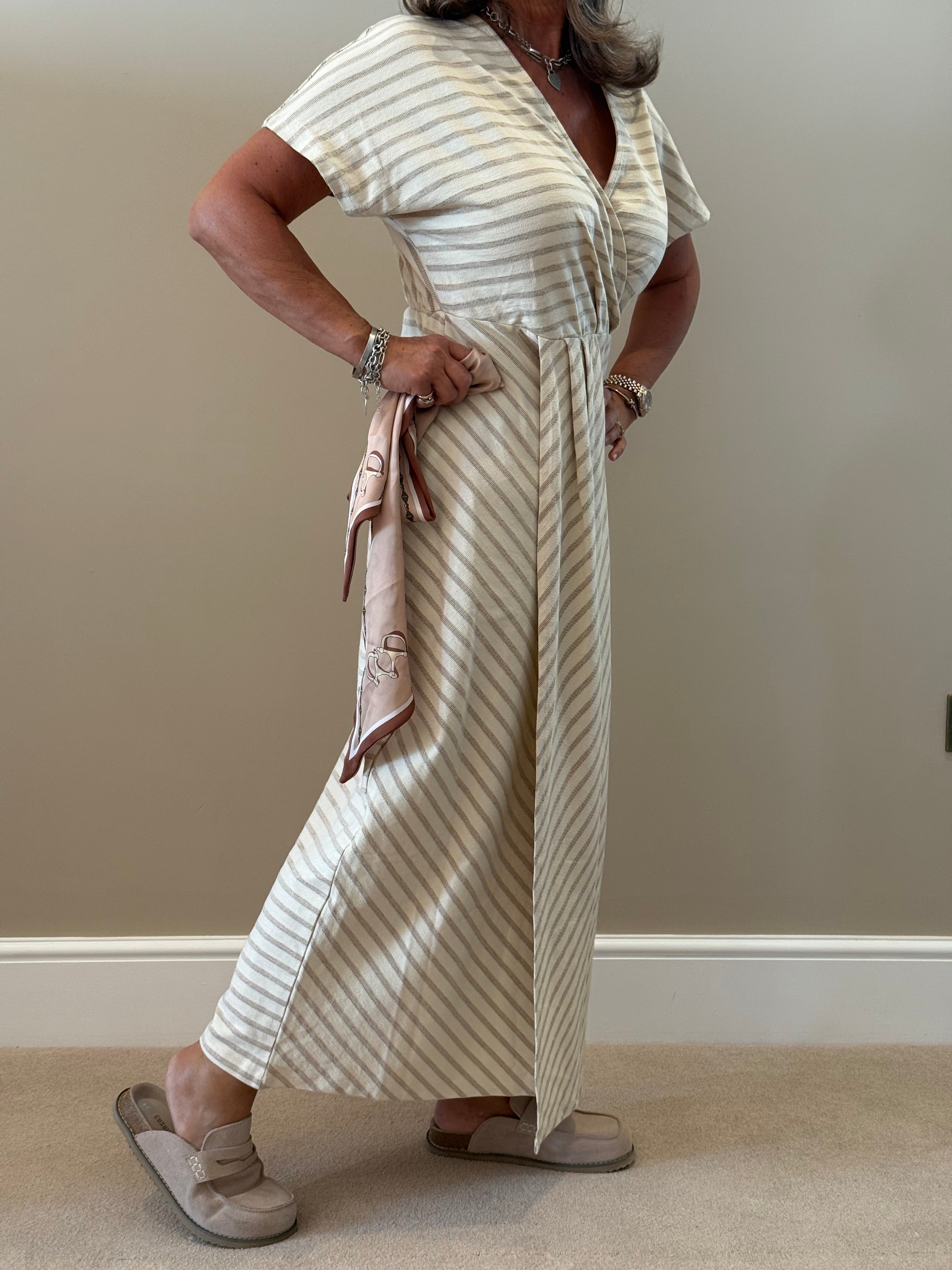 Beige Striped Maxi Dress