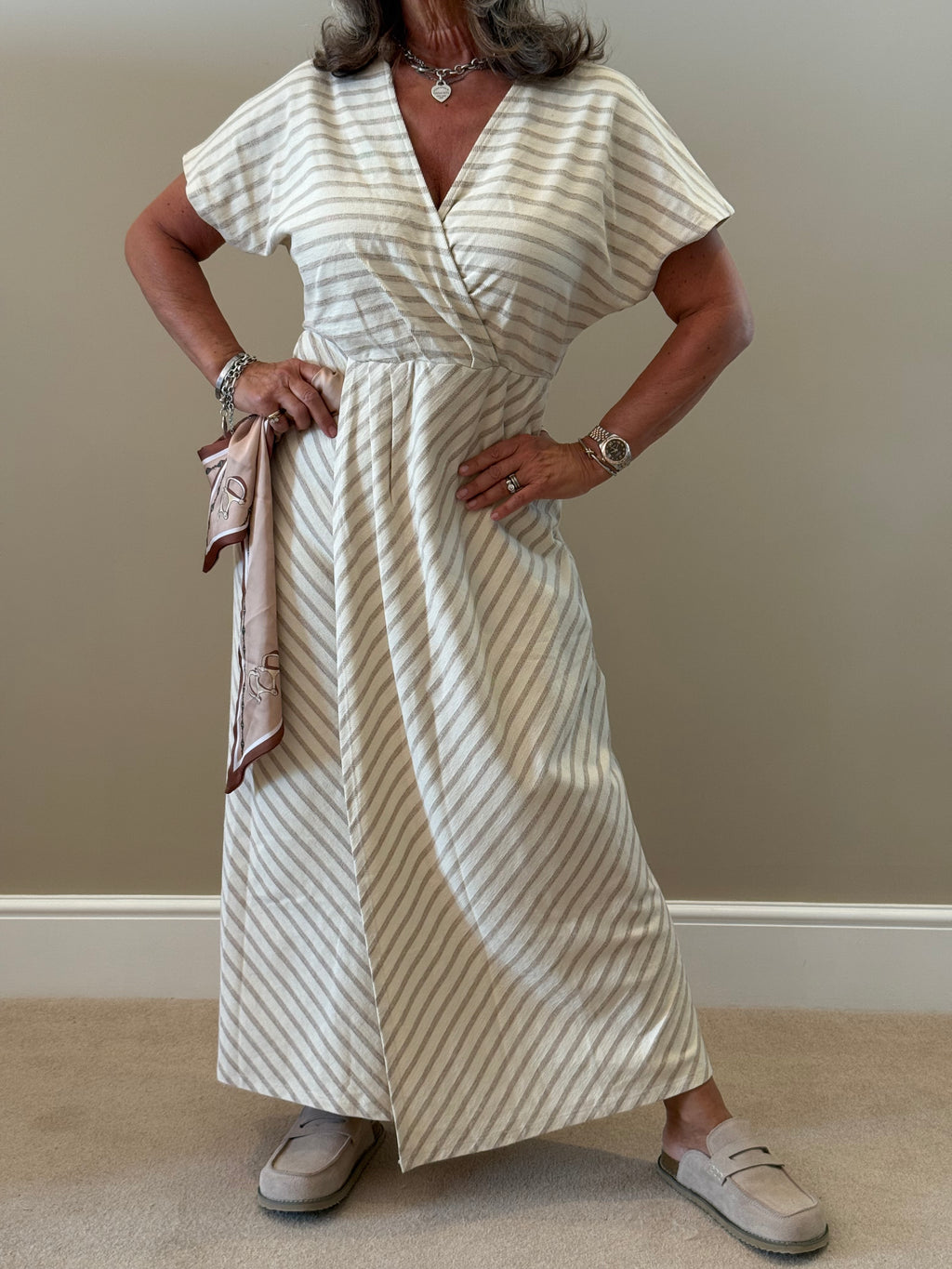 Beige Striped Maxi Dress