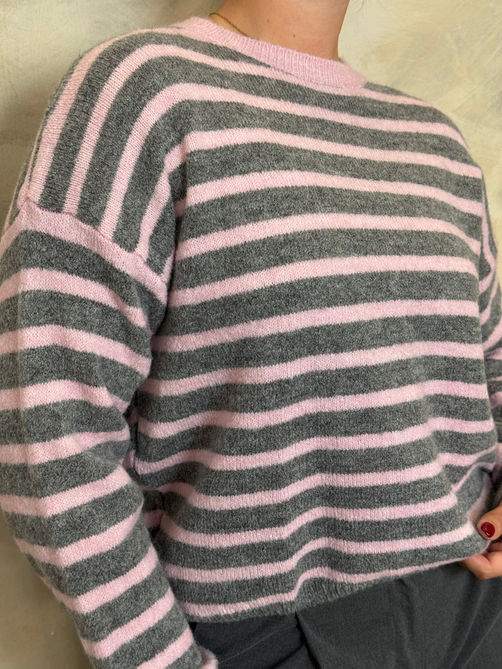 Pink & Grey Striped Knitted Jumper