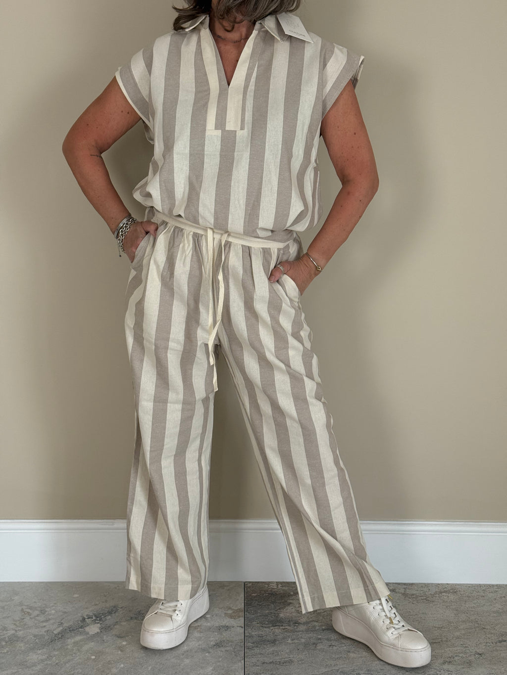 Beige Striped Wide Leg Trousers