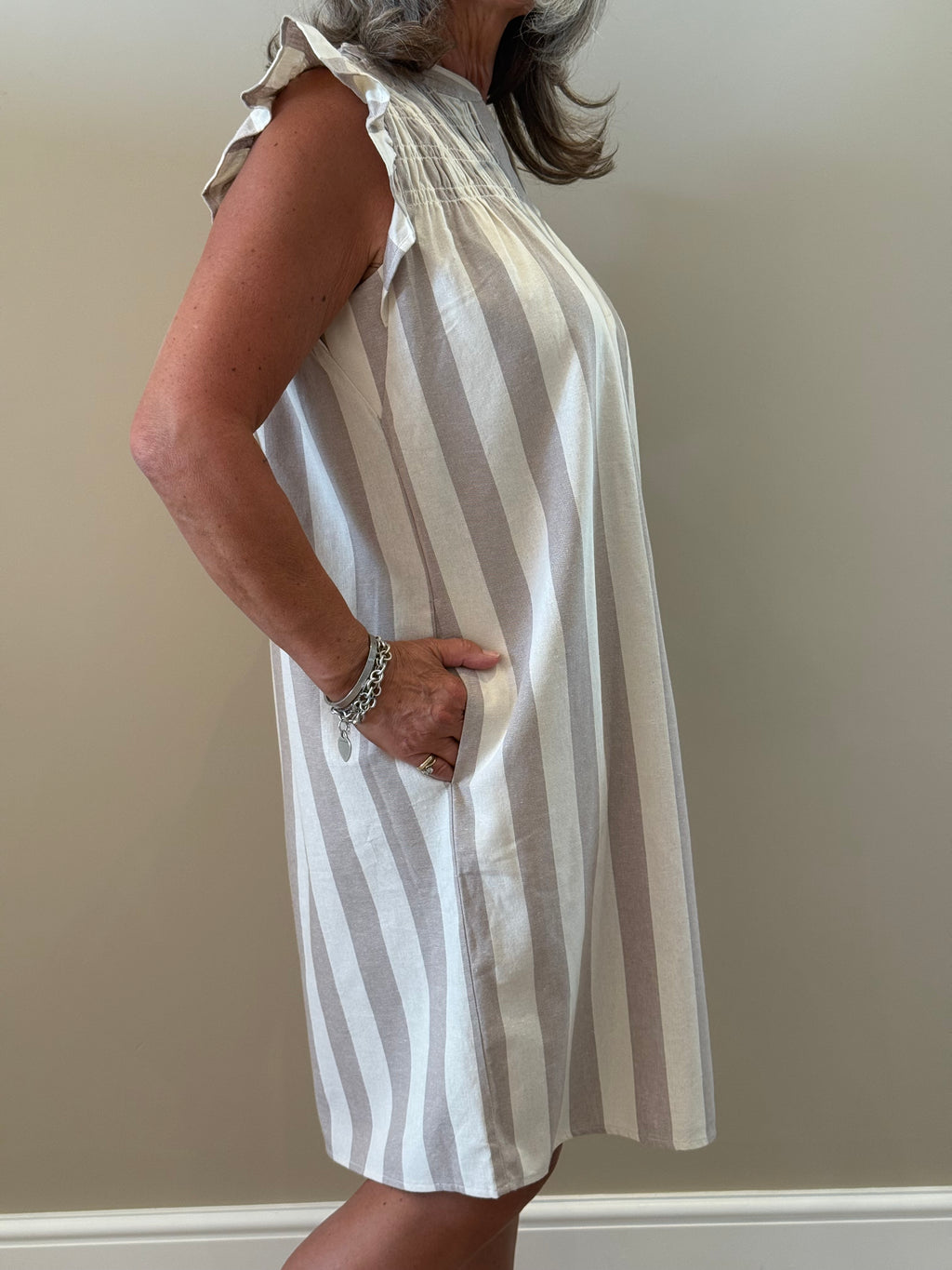 Beige Striped Midi Dress