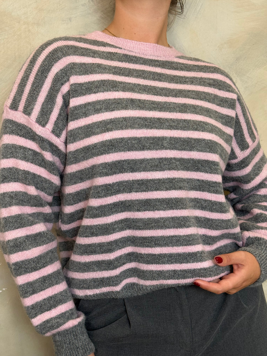 Pink & Grey Striped Knitted Jumper