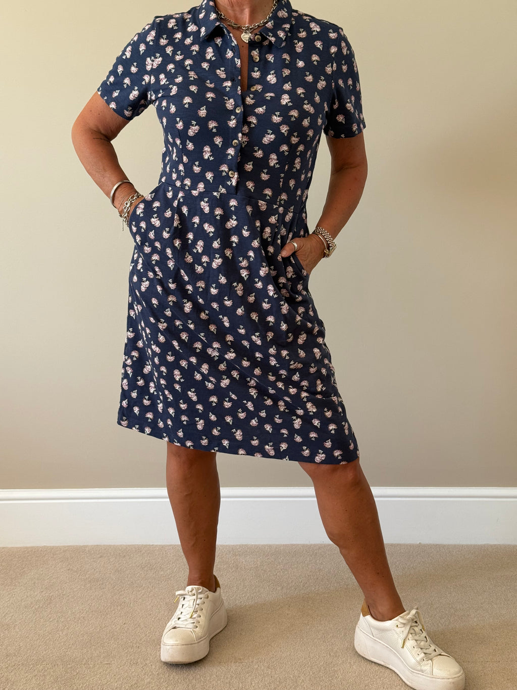Navy Floral Print Midi Dress