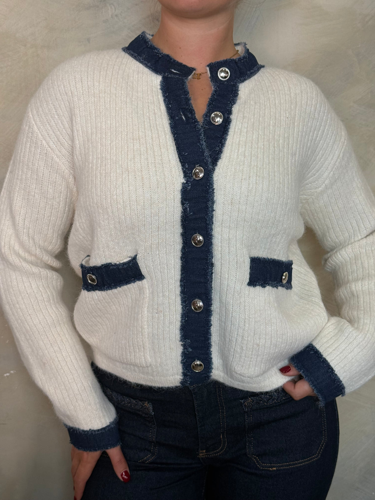Cream & Denim Knit Cardigan