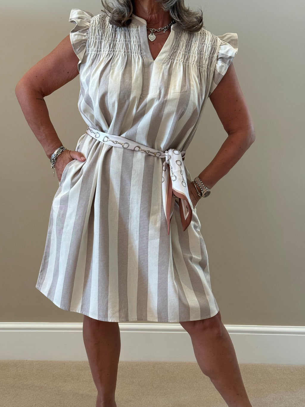 Beige Striped Midi Dress