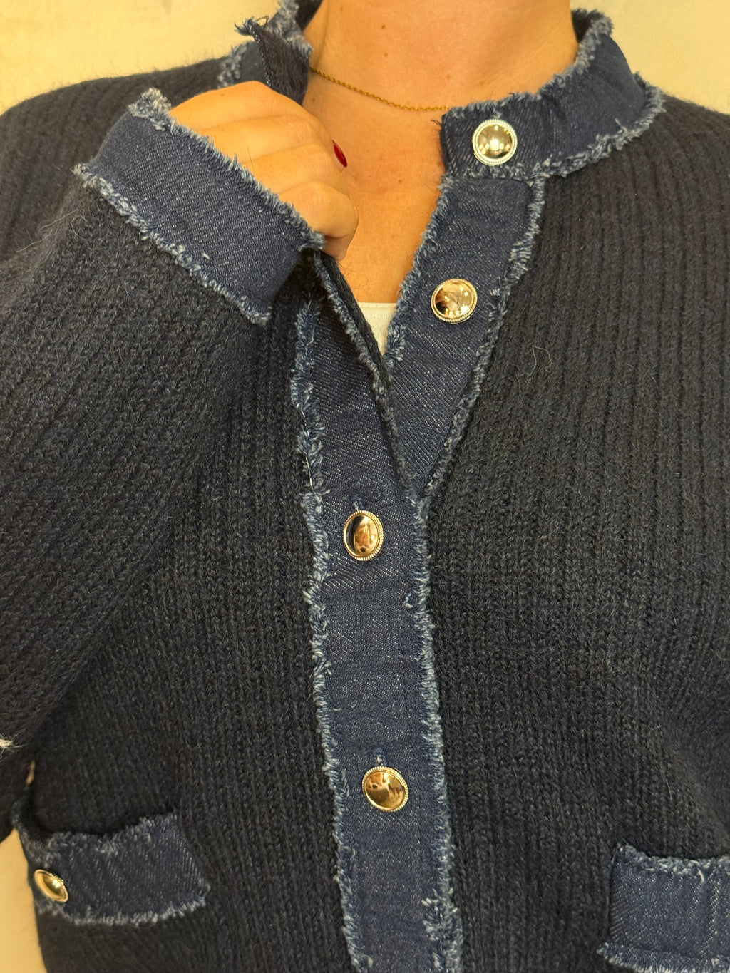 Navy Knit Denim Cardigan