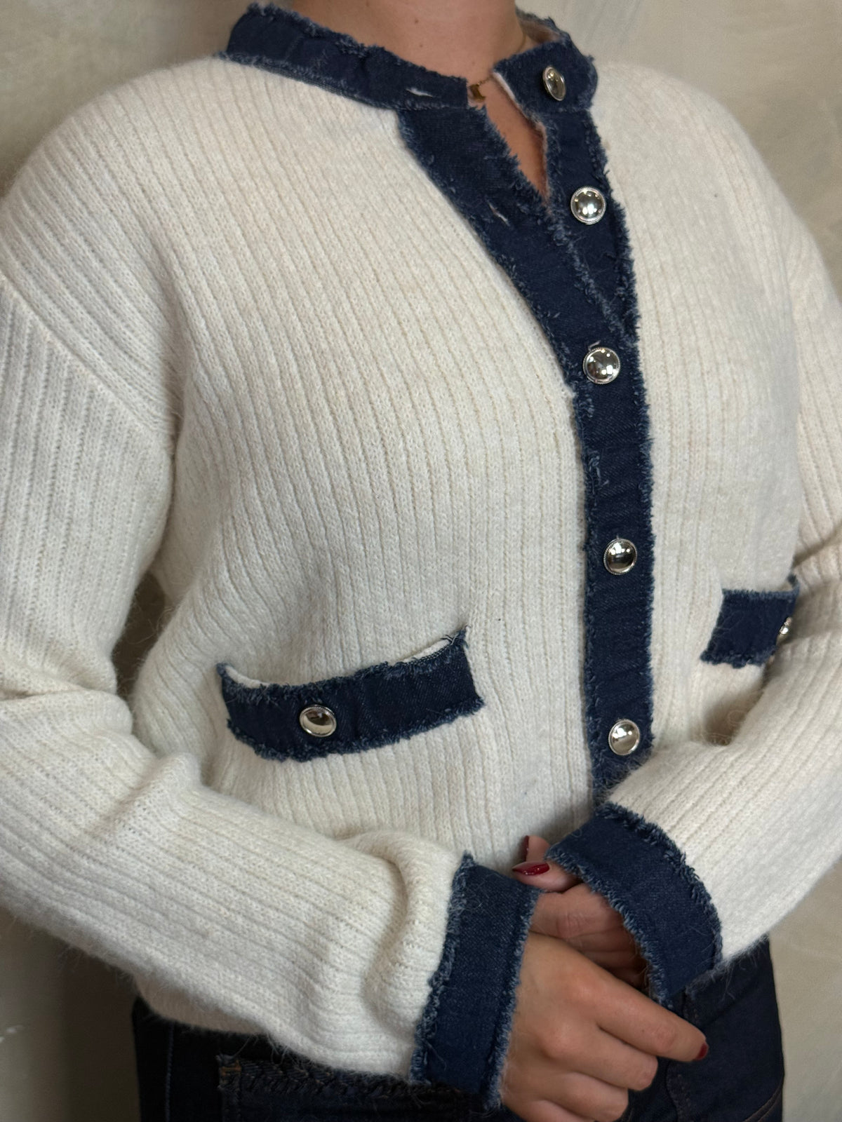Cream & Denim Knit Cardigan