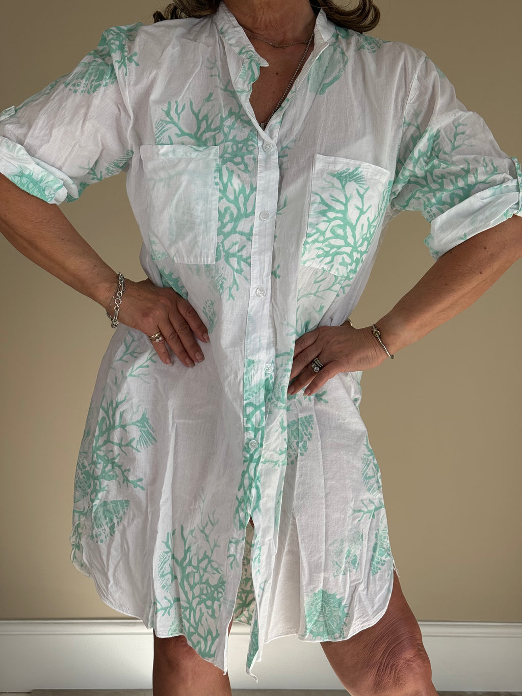 Mint Green Coral Print Linen Dress