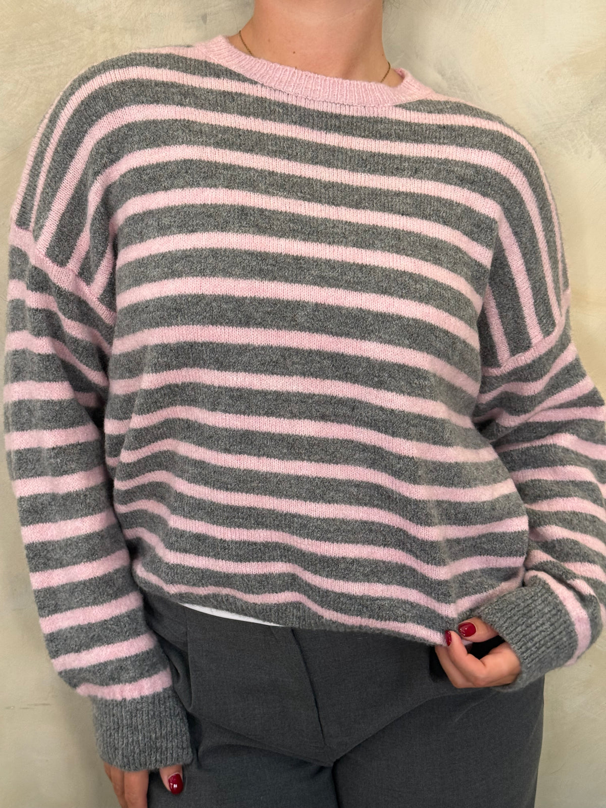 Pink & Grey Striped Knitted Jumper