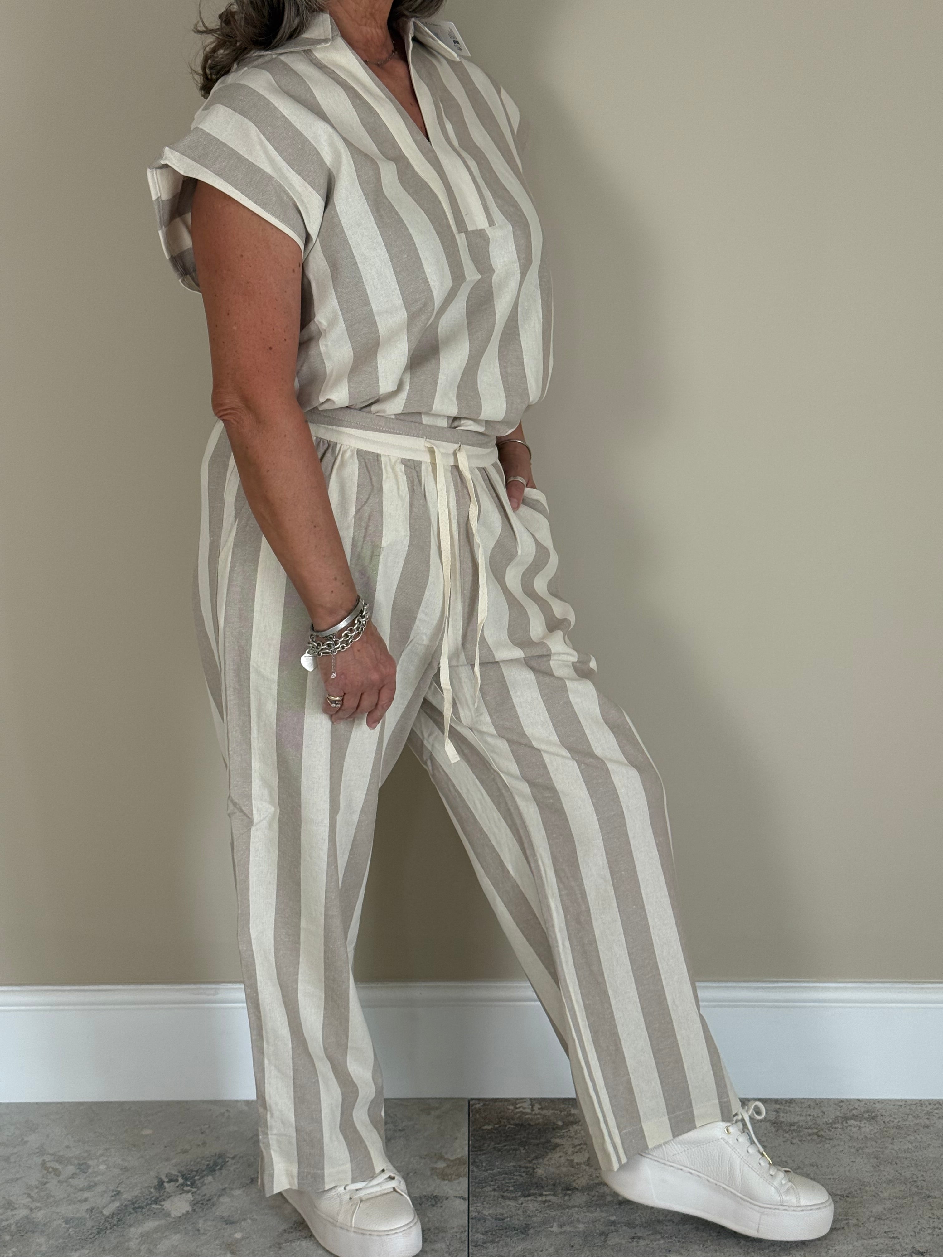 Beige Striped Wide Leg Trousers