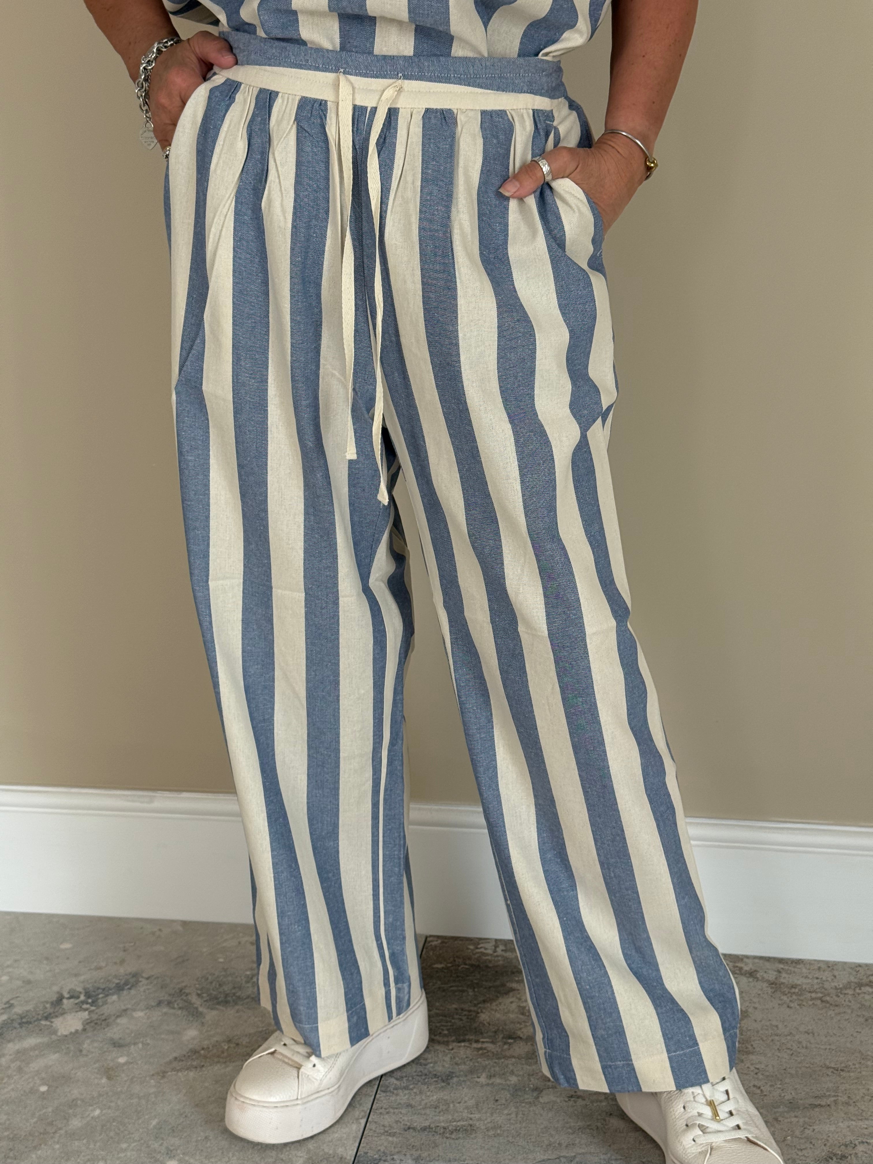 Blue Striped Wide Leg Trousers