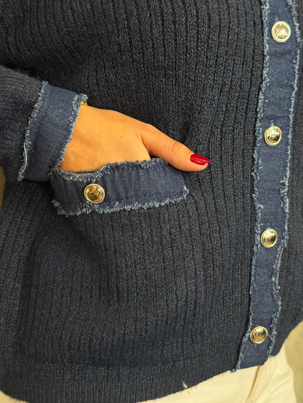 Navy Knit Denim Cardigan