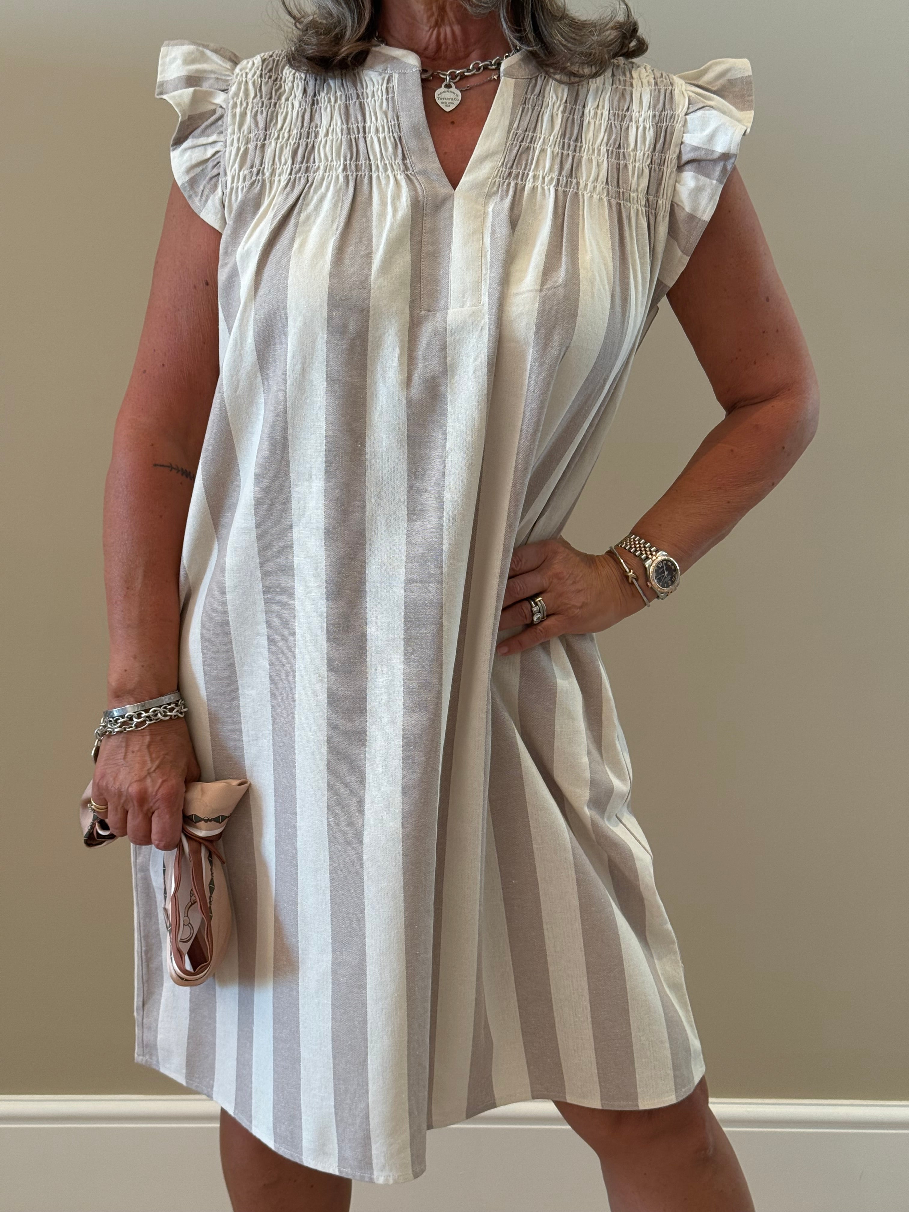Beige Striped Midi Dress